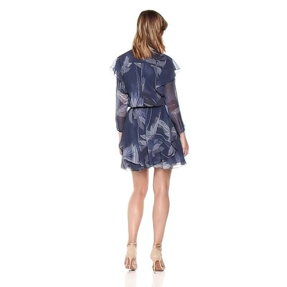 NEW! HALSTON HERITAGE 100% Silk Flutter Floral print Dress, Blue Moon, Sz 0 - Picture 3 of 15